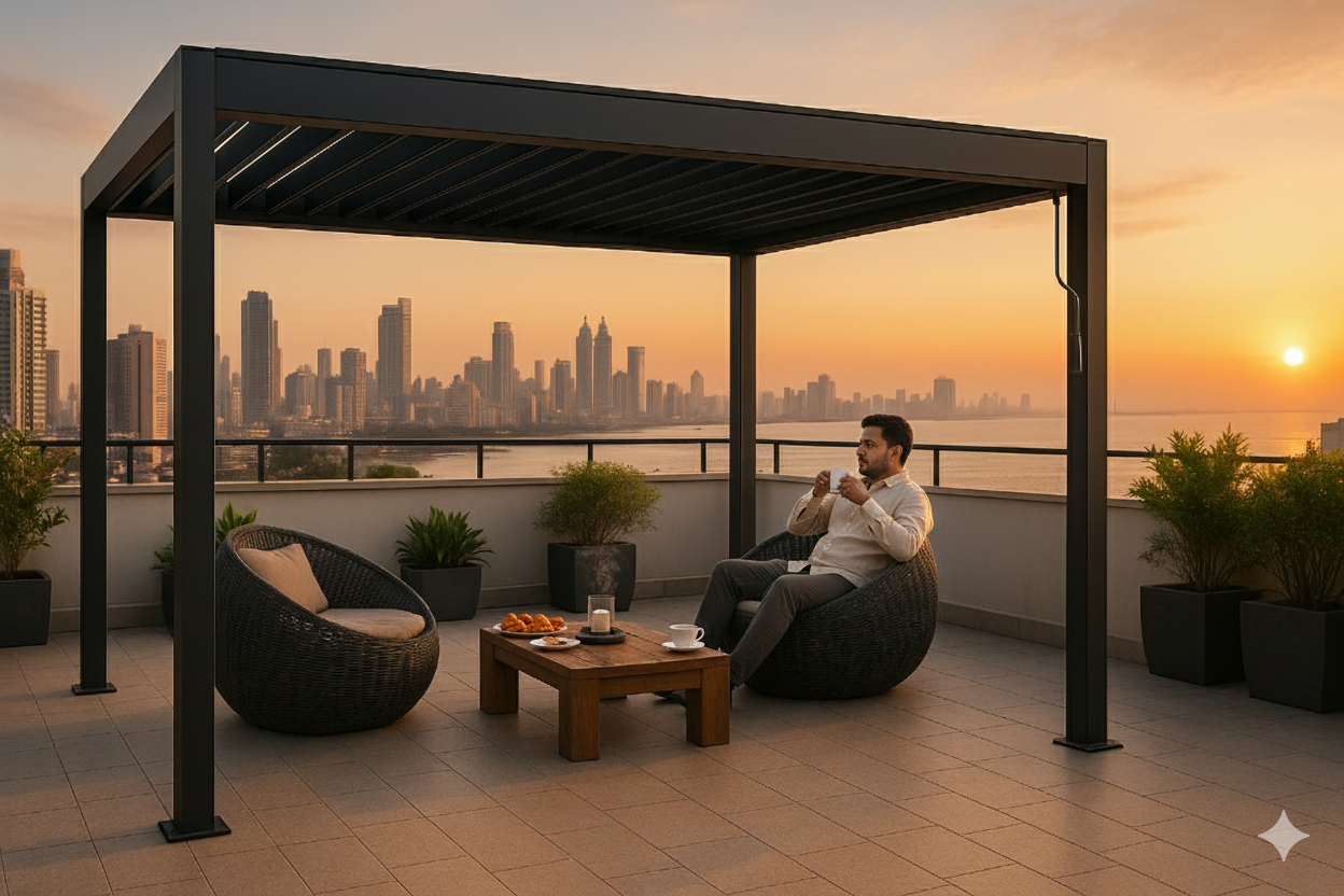 Manual Pergola, Aluminium Pergola With LED Lights, Aluminium Manual Pergola, Louvered Pergola, Retractable Pergola, Outdoor Louvers, Pergola With Roof, Aluminium Pergola With Roof, Louvered Pergola in Delhi NCR, Retractable Roof in India, Retractable Roof India, Vertical Louvers Facade, Retractable Outdoor Roof, Terrace Pergola, Pergola Designs For Home, Pergola design for balcony, Pergola Delhi NCR, Pergola Gazebo, Rooftop Pergola Design, Balcony Pergola, Pergola Design In Delhi NCR, Modern Pergola Designs